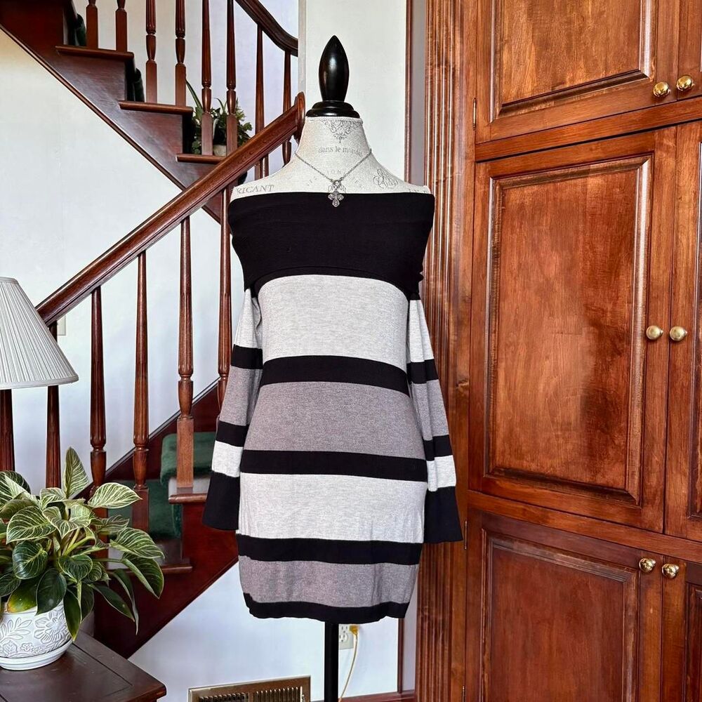 INC International Concepts 90s Stripe Sweater Tunic Dress Cowl Off the Shoulder